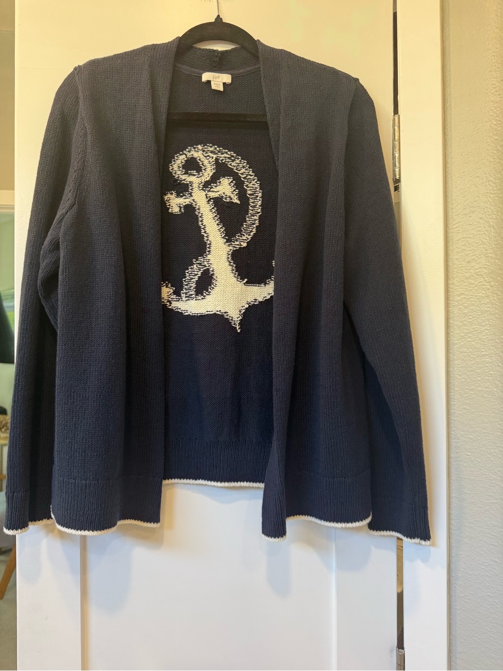 J. Jill Navy Open-Front Cardigan with White Anchor Motif